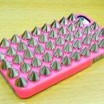 Shine Silver Metal Spike Cone Stud Dark Pink Hard Case Cover For Apple iPhone 4, iPhone 4G, iPhone 4S 