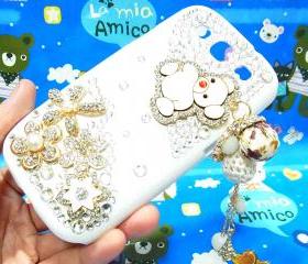 Crystal Flower Charm Lovely Bear Samsung i9300 T999 Galaxy S3 T-Mobile Case Cover,Samsung Galaxy S3 T999 White Case T-Mobile,Samsung S3 case
