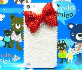 iPod Touch 5 Case,Bling iPod Touch 5 Case,Crystal Red Bow iPod Touch 5th Case,Pearl White iPod Touch 5 case,Bling iPod Touch 5 gen Case A1
