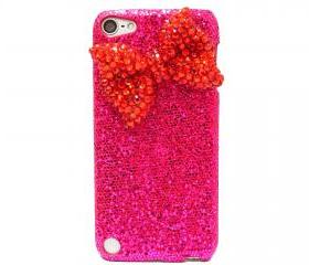 iPod Touch 5 Case,Bling iPod Touch 5 Case,Red Bow iPod Touch 5th Case,Dark Pink Crystal iPod Touch 5 case,Bling iPod Touch 5 gen Case A1 Red