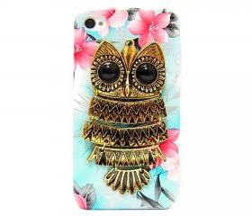 iphone 4 case, iphone 4G Case, iphone 4s case, Blue Flower iphone 4 case, Owl iphone 4 Case, Metal Owl Flower iphone 4G Case B1