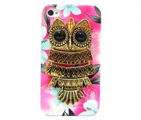 iphone 4 case, iphone 4G Case, iphone 4s case, Pink Flower iphone 4 case, Owl iphone 4 Case, Metal Owl Flower iphone 4G Case B1
