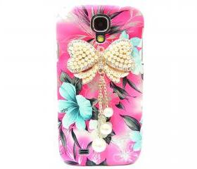 Samsung i9500 Galaxy S4 case,Samsung i9500 Galaxy S4 Bow Case,Crystal Pearl Bow Samsung i9500 Galaxy S4 Case, Pink Flower Galaxy S4 Case BW