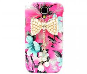 Samsung i9500 Galaxy S4 case,Samsung i9500 Galaxy S4 Bow Case,Crystal Pearl Bow Samsung i9500 Galaxy S4 Case, Pink Flower Galaxy S4 Case BP