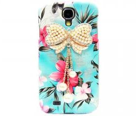 Samsung i9500 Galaxy S4 case,Samsung i9500 Galaxy S4 Bow Case,Crystal Pearl Bow Samsung i9500 Galaxy S4 Case,Blue Flower Galaxy S4 Case BW