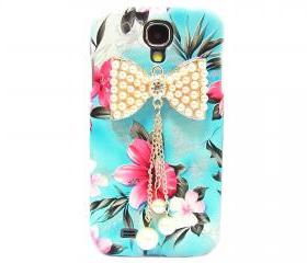 Samsung i9500 Galaxy S4 case,Samsung i9500 Galaxy S4 Bow Case,Crystal Pearl Bow Samsung i9500 Galaxy S4 Case,Blue Flower Galaxy S4 Case BP