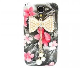 Samsung i9500 Galaxy S4 case, Black Pink Flower Bow Samsung i9500 Galaxy S4 Case,Crystal Pearl Bow Samsung i9500 Galaxy S4 Case BP