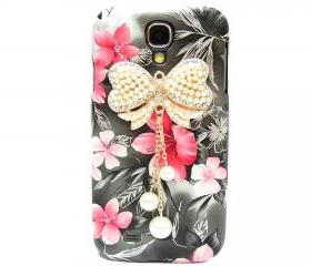 Samsung i9500 Galaxy S4 case, Black Pink Flower Bow Samsung i9500 Galaxy S4 Case,Crystal Pearl Bow Samsung i9500 Galaxy S4 Case BW