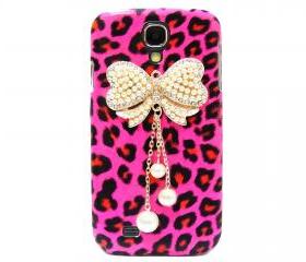 Samsung i9500 Galaxy S4 case,Samsung i9500 Galaxy S4 Bow Case,Crystal Pearl Bow Samsung i9500 Galaxy S4 Case, Leopard Pink Samsung Galaxy S4 Case BW