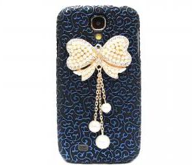 Samsung i9500 Galaxy S4 case, Palace Blue Black Flower Bow Samsung i9500 Galaxy S4 Case,Crystal Pearl Bow Samsung i9500 Galaxy S4 Case BW