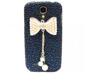 Samsung i9500 Galaxy S4 case, Palace Blue Black Flower Bow Samsung i9500 Galaxy S4 Case,Crystal Pearl Bow Samsung i9500 Galaxy S4 Case BP