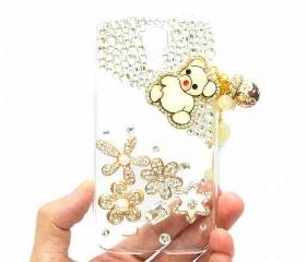 Samsung i9500 Galaxy S4 case, Crystal Pearl Flower Bear Charm Samsung i9500 Galaxy S4 Case, Samsung i9500 Galaxy S4 Clear Case Cover