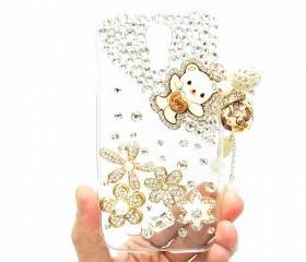 Samsung i9500 Galaxy S4 case,Crystal Pearl Flower Lovely Bear Charm Samsung i9500 Galaxy S4 Case,Samsung i9500 Galaxy S4 Clear Case Cover B2