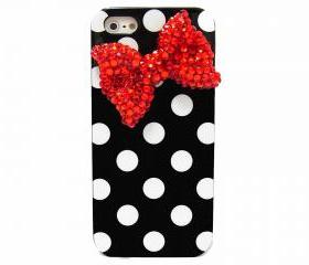 Bling Crystal Soft Polka Dot Black White iphone 5 Case, iphone 5G Red Bow Case, iphone 5 Bow Case, unique iphone 5 Case Cover A1