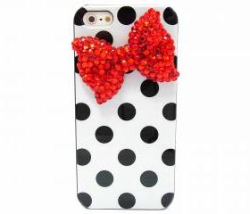 Bling Crystal Hard Polka Dot White Black iphone 5 Case, iphone 5G Red Bow Case, iphone 5 Bow Case, unique iphone 5 Case Cover A1