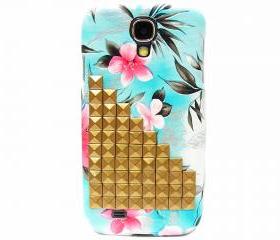 Samsung i9500 Galaxy S4 case,Bronze Metal Samsung i9500 Galaxy S4 Case, Unique Samsung i9500 Galaxy S4 Case, Blue Flower Galaxy S4 Case BL8P