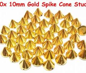 50 pcs 10mm DIY Gold Metal Spike Cone Punk FlatBack Studs Hotfix Iron On Glue On for iPhone Case, Shirt or Crafts
