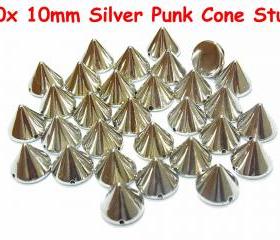 50 pcs 10mm DIY Silver Metal Spike Cone Punk FlatBack Studs Hotfix Iron On Glue On for iPhone Case, Shirt or Crafts