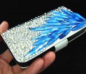 Bling Crystal Blue Silver Leather iphone 4 4G 4S Case Cover, White iphone 4G 4S Leather Case,Crystal iphone 4 4G Leather Case Cover, Shine Crystal iphone 4 4G Case 