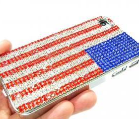 Bling Crystal US Flag Metal iphone 4 Case, iphone 4S Metal US Flag Case, Handmde Crystal US Flag iphone 4G Case Cover, unique iphone 4 case