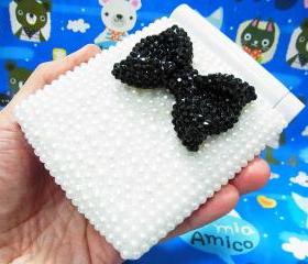 8-LED Bling Pearl Crystal Handmade Black Bow Light Cosmetic Make Up Compact Portable Folding Fold Mirror White 