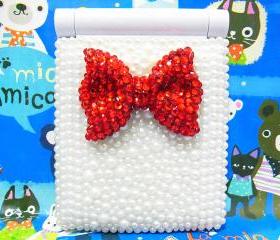 8-LED Bling Pearl Crystal Handmade Red Bow Light Cosmetic Make Up Compact Portable Folding Fold Mirror White 