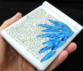 8-LED Bling Silver Blue Crystal Handmade Light Cosmetic Make Up Compact Portable Folding Fold Mirror White 